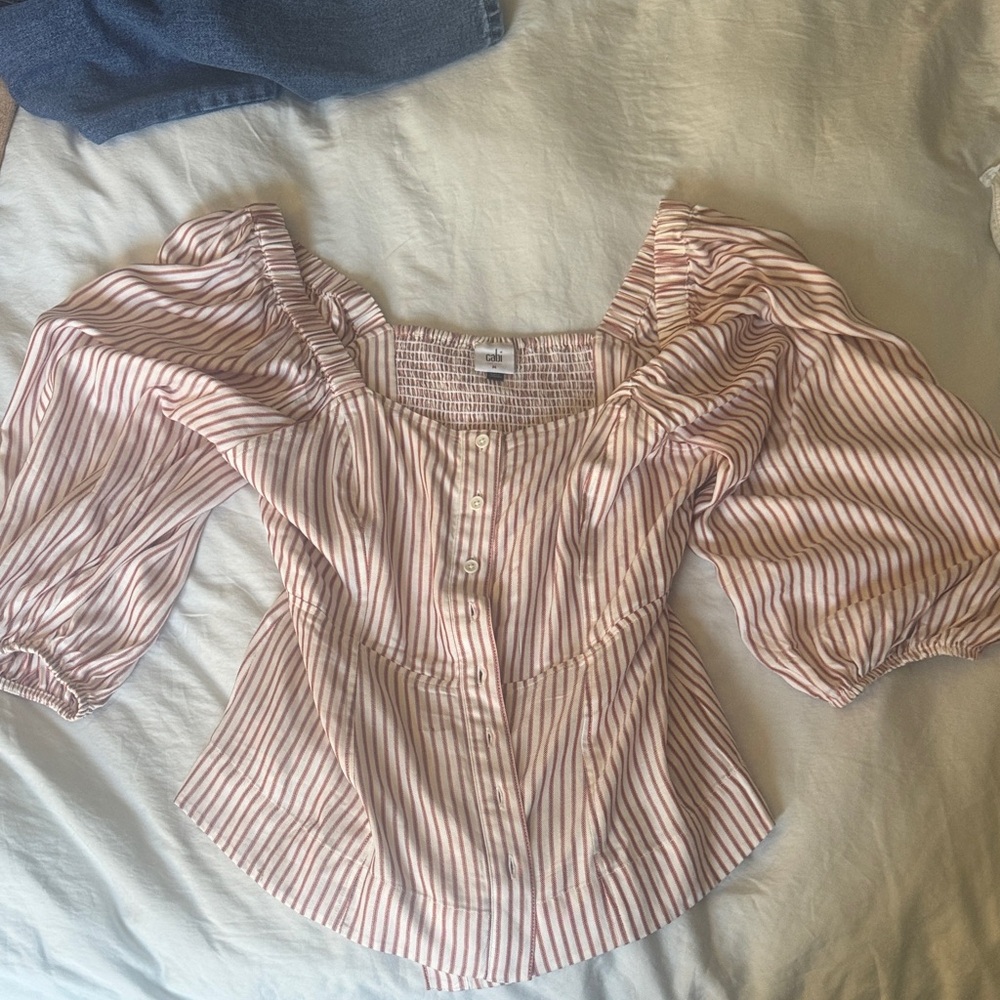 CAbi Pink and White Striped Blouse